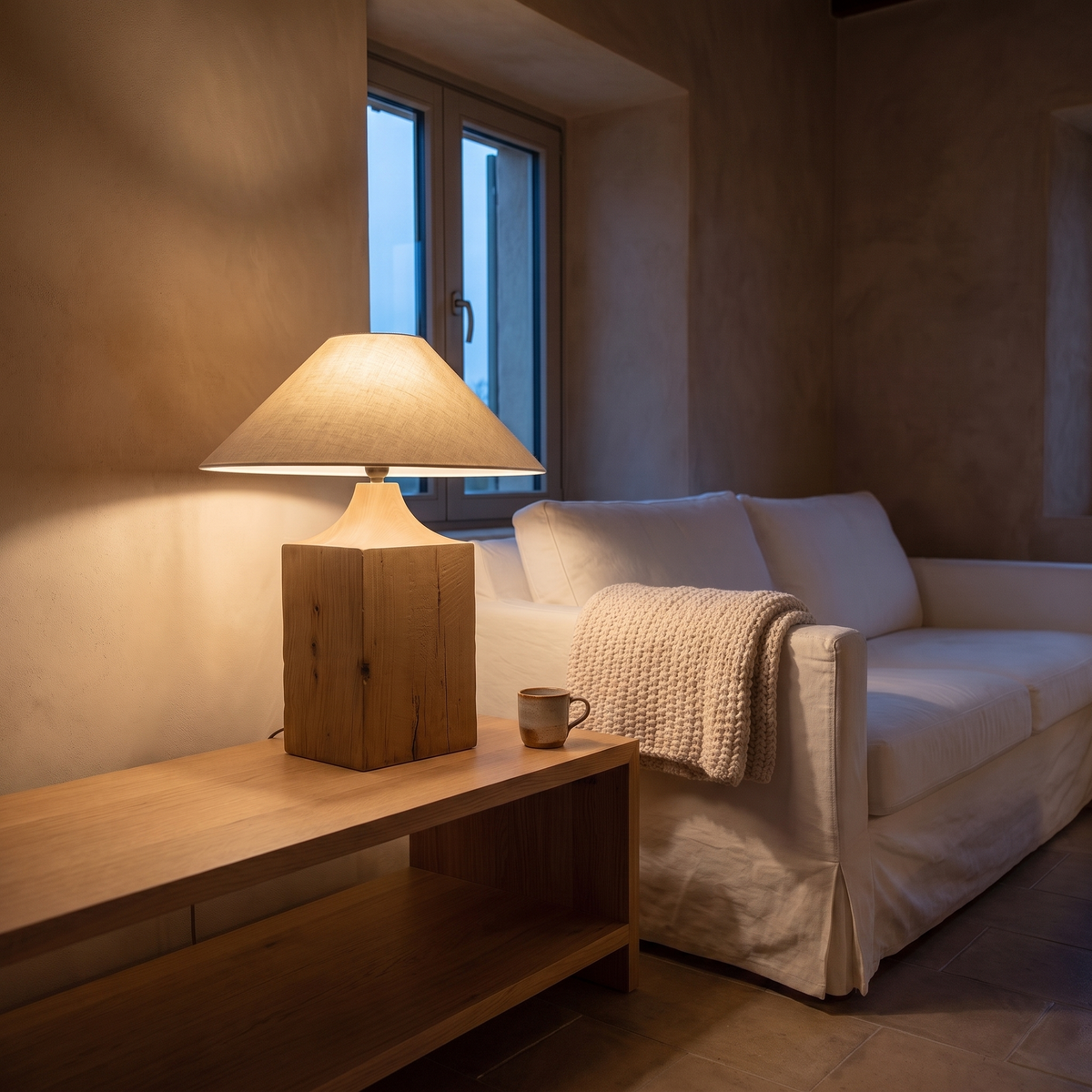 Lavelle boho wood and fabric table lamp lit at dusk on a living room console beside a sofa
