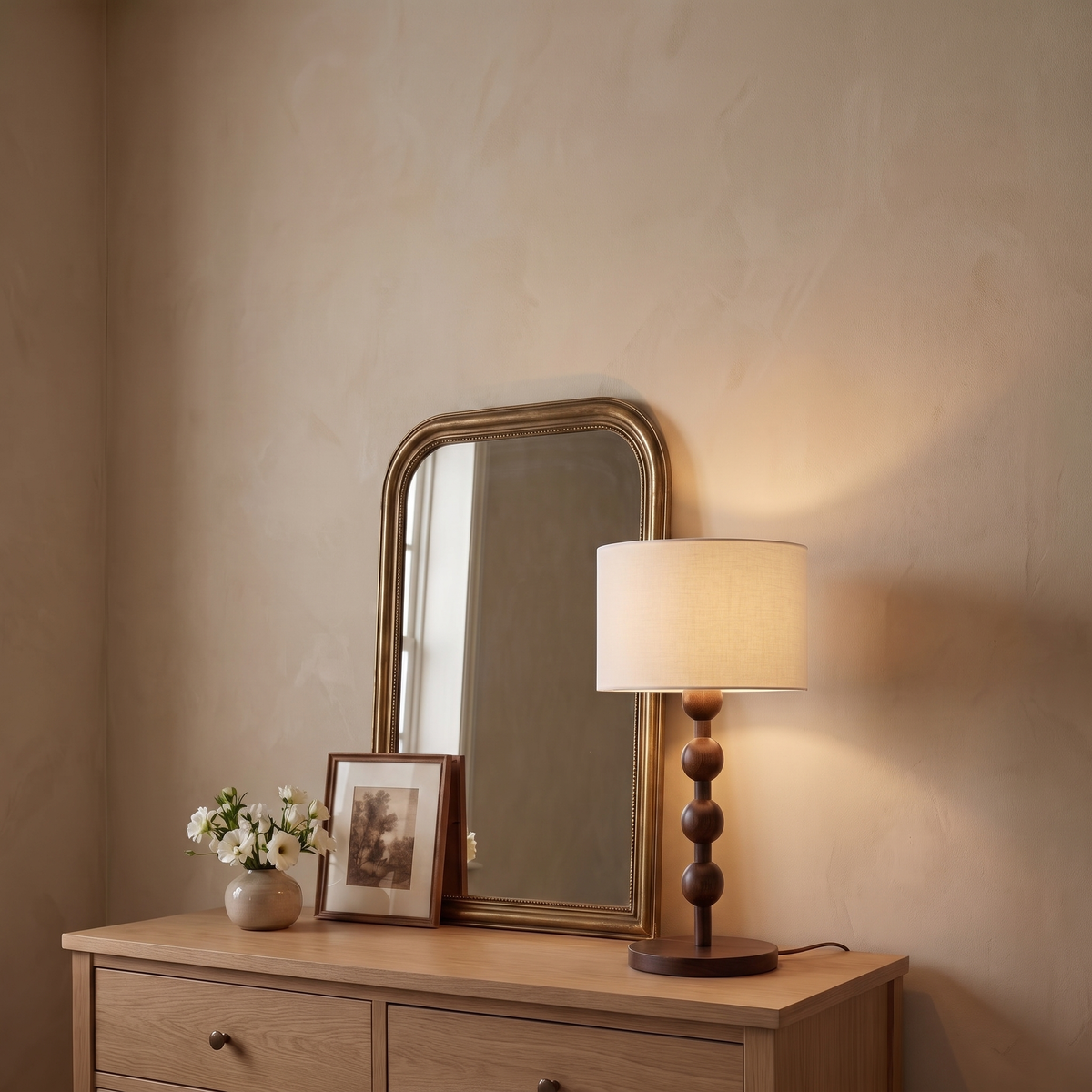 Montrave classic fabric and wood table lamp lit on a guest bedroom dresser with vintage mirror
