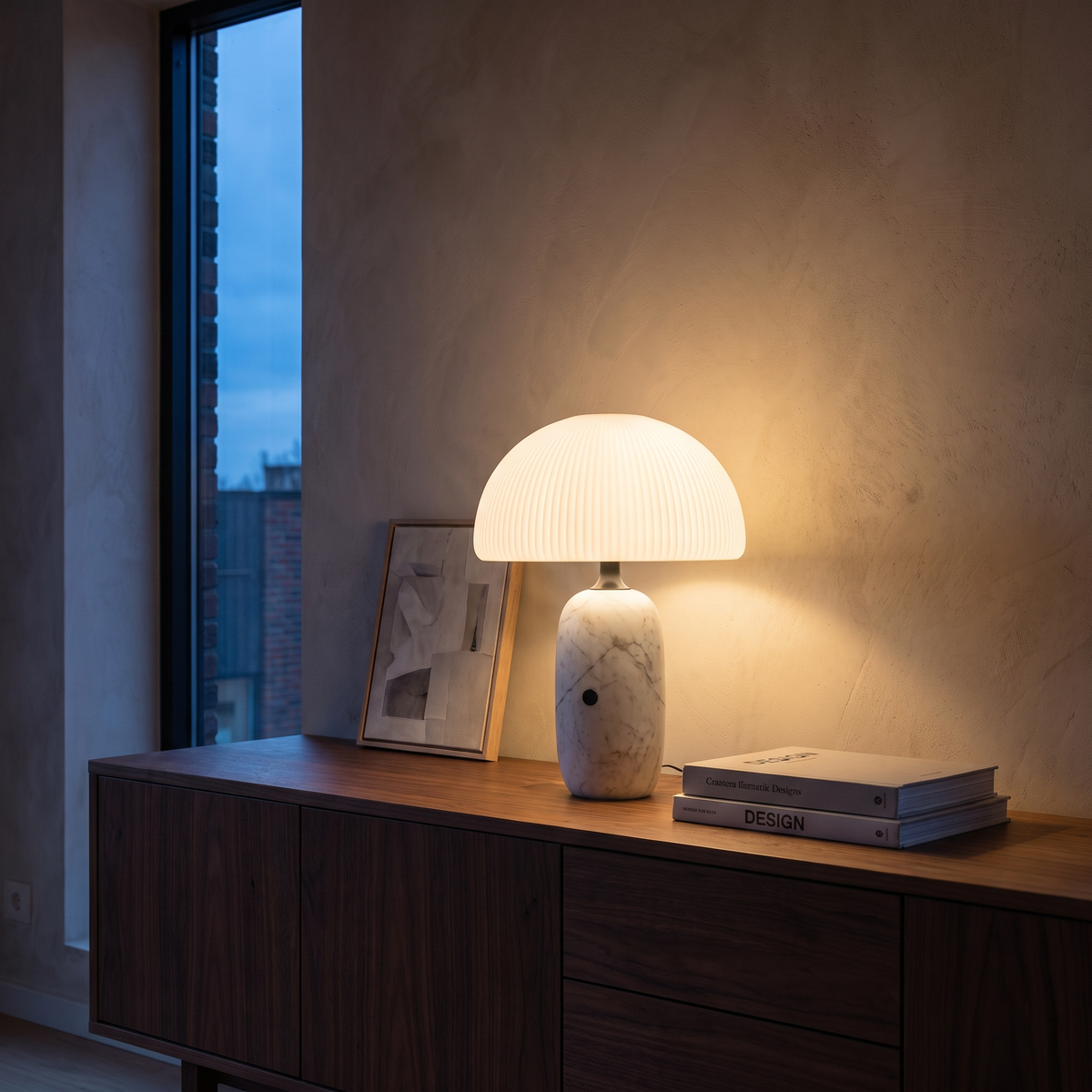 Opaline marble LED table lamp as the only light source at dusk on a walnut living room sideboard