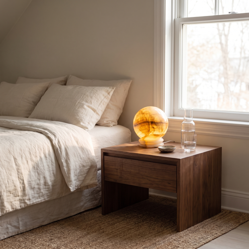 Quillon amber onyx marble sphere table lamp glowing on a bedroom nightstand