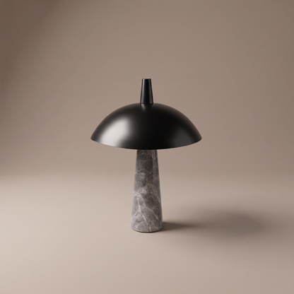 Rosalind marble and steel mushroom table lamp, studio product shot with lamp off