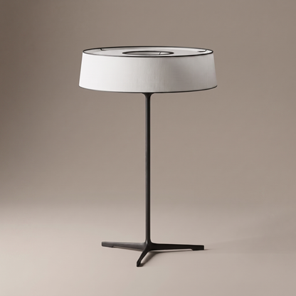 Tavernelle aluminum and fabric drum table lamp, studio product shot with lamp off