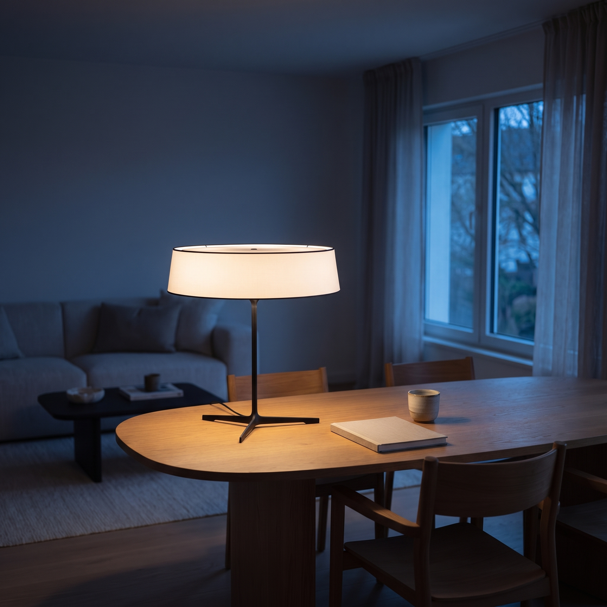 Tavernelle drum shade LED table lamp glowing on a desk at dusk in a living room