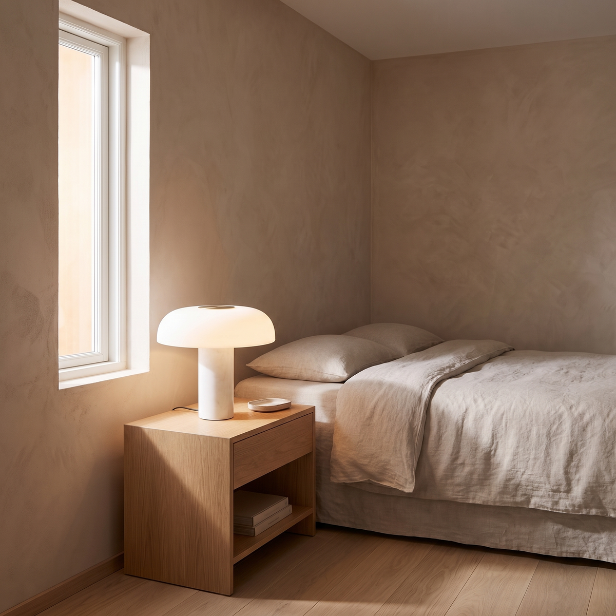Umbriel modern metal table lamp with opal dome shade glowing warm on a bedroom nightstand