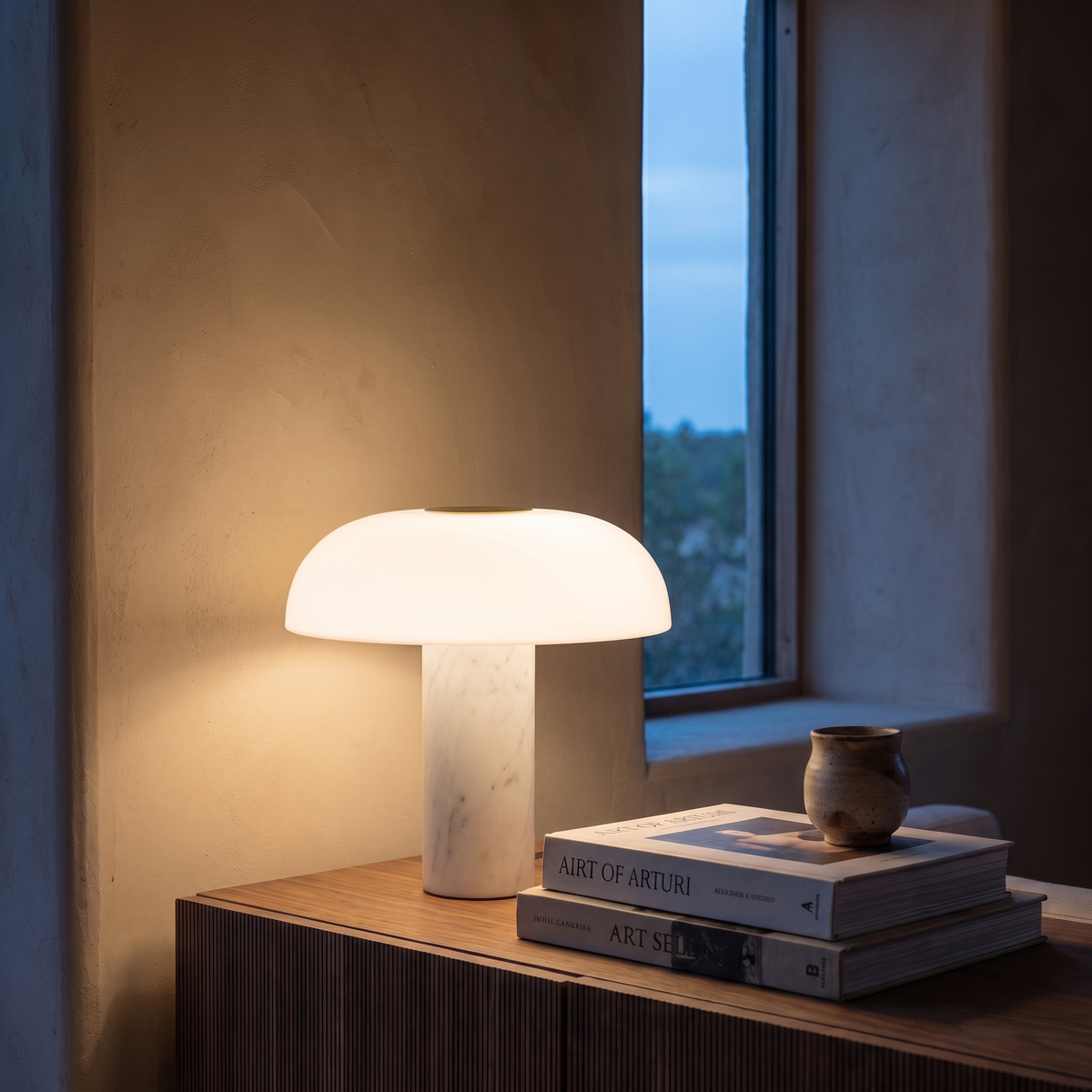 Umbriel modern LED table lamp lit warm on a walnut living room console at dusk