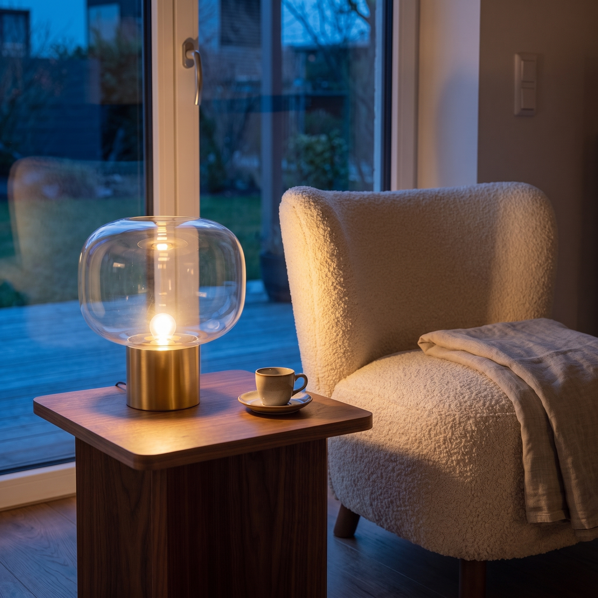 Vercelli aluminum glass table lamp lit at dusk on a living room side table