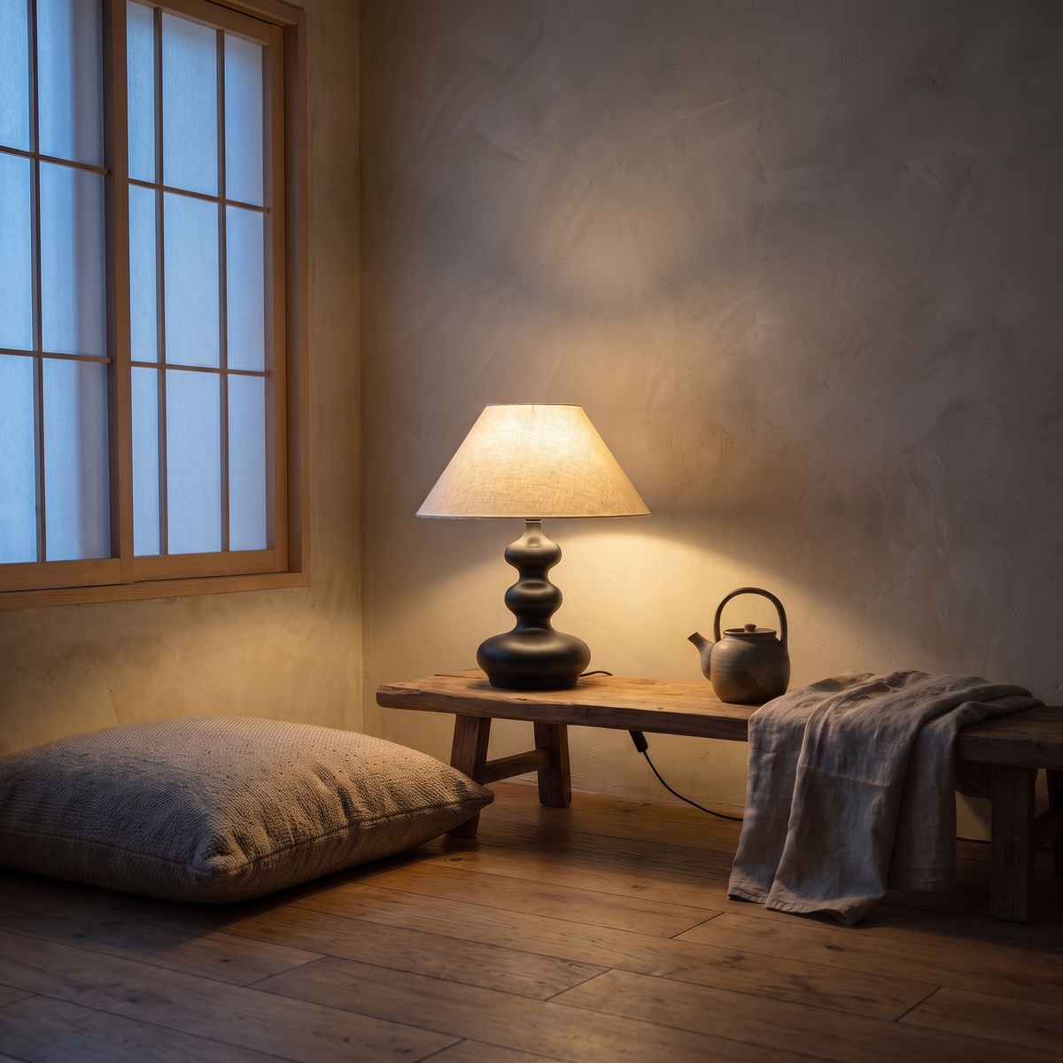 Xanthe boho table lamp lit warm on a low wooden bench in a wabi-sabi living room