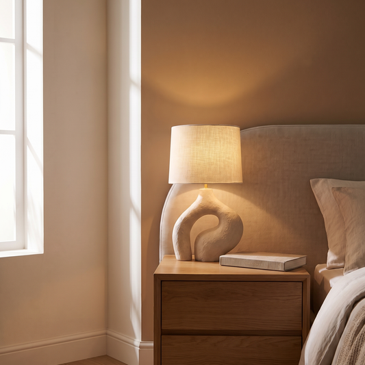 Ysoline modern fabric and resin table lamp glowing warm on a bedroom nightstand