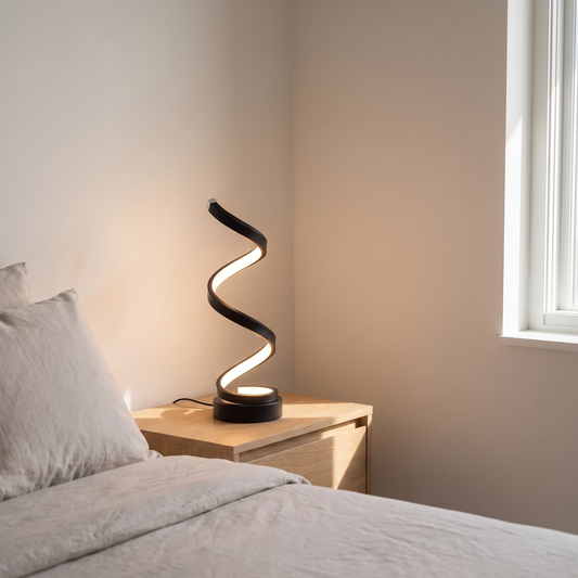 Cordelia modern aluminum LED table lamp glowing warm on a minimalist bedroom nightstand