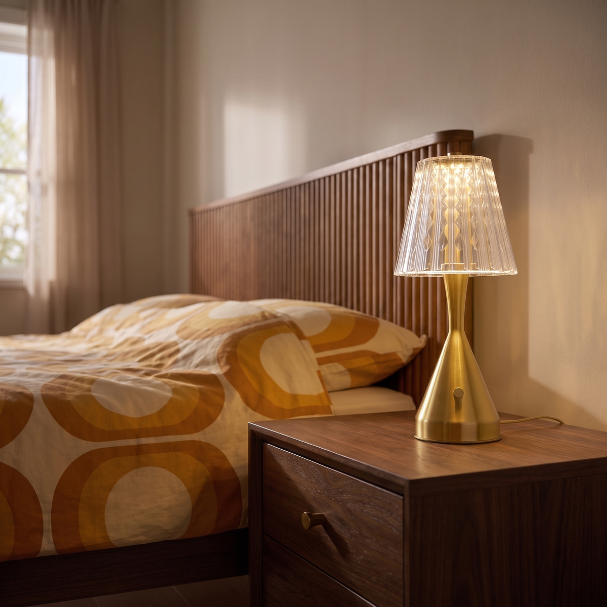 Dorevelle retro clear acrylic LED table lamp glowing warm on a walnut bedroom nightstand