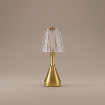 Dorevelle acrylic and metal table lamp, clean studio product shot, lamp off