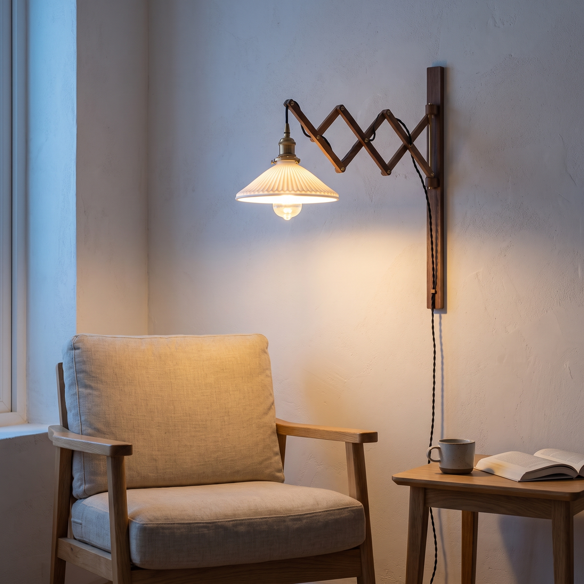 Walnut scissor-arm wall sconce with striped glass shade lit at dusk above a reading armchair in a Nordic living room