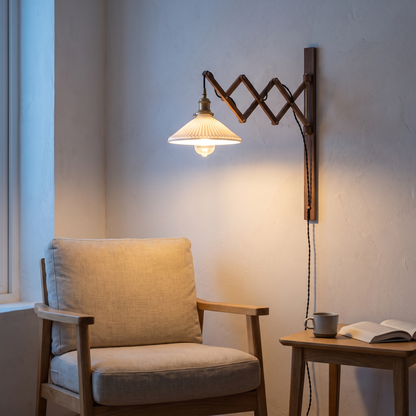 Walnut scissor-arm wall sconce with striped glass shade lit at dusk above a reading armchair in a Nordic living room