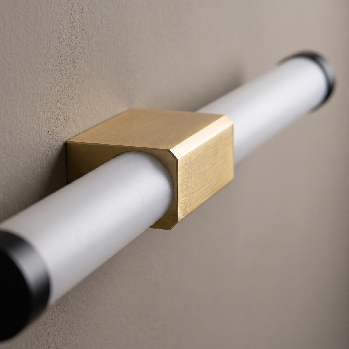 Close-up of the brushed gold mounting block and white PC diffuser on the minimalist tube LED wall sconce