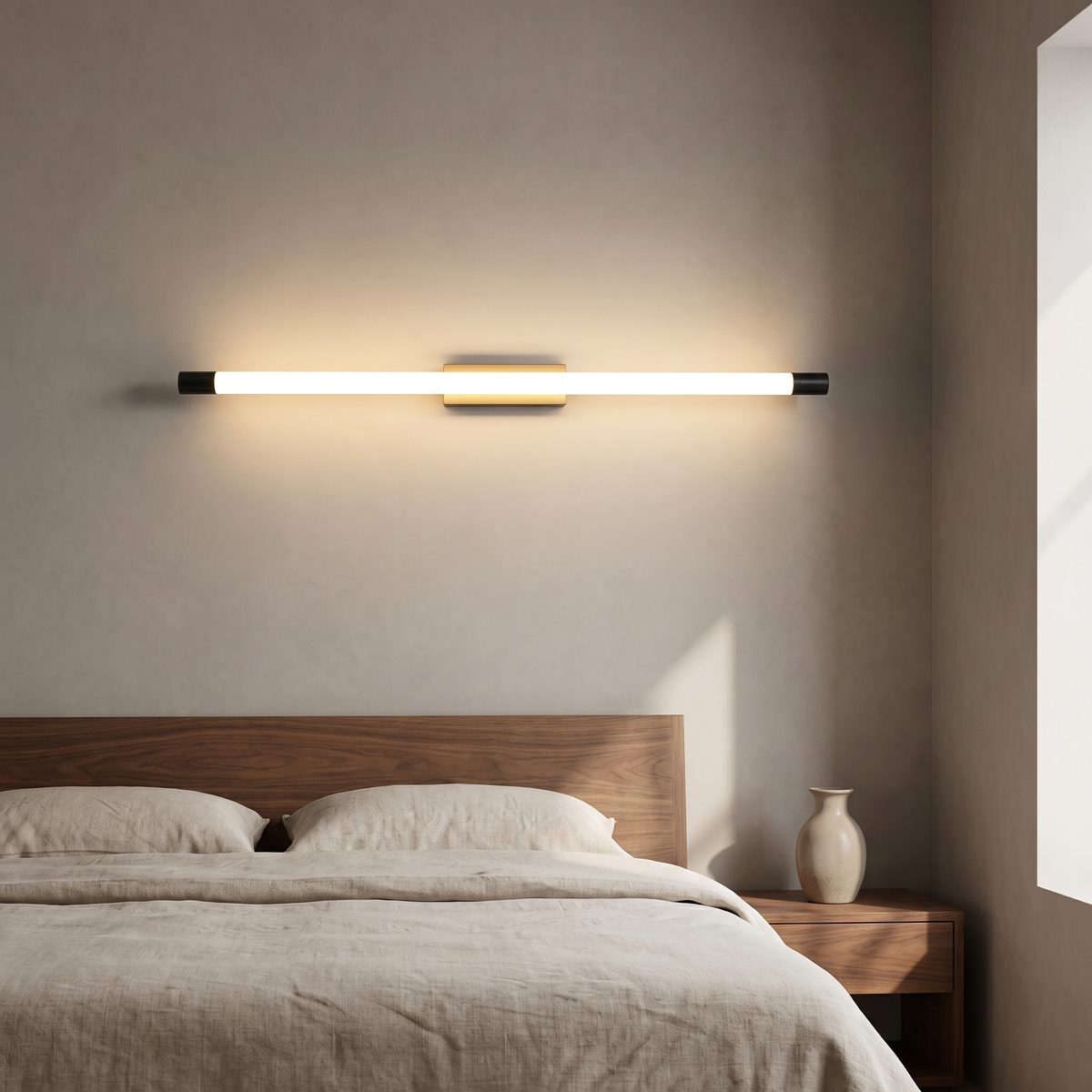 Modern minimalist thin tube LED wall sconce in black and gold glowing warm above a walnut bed headboard