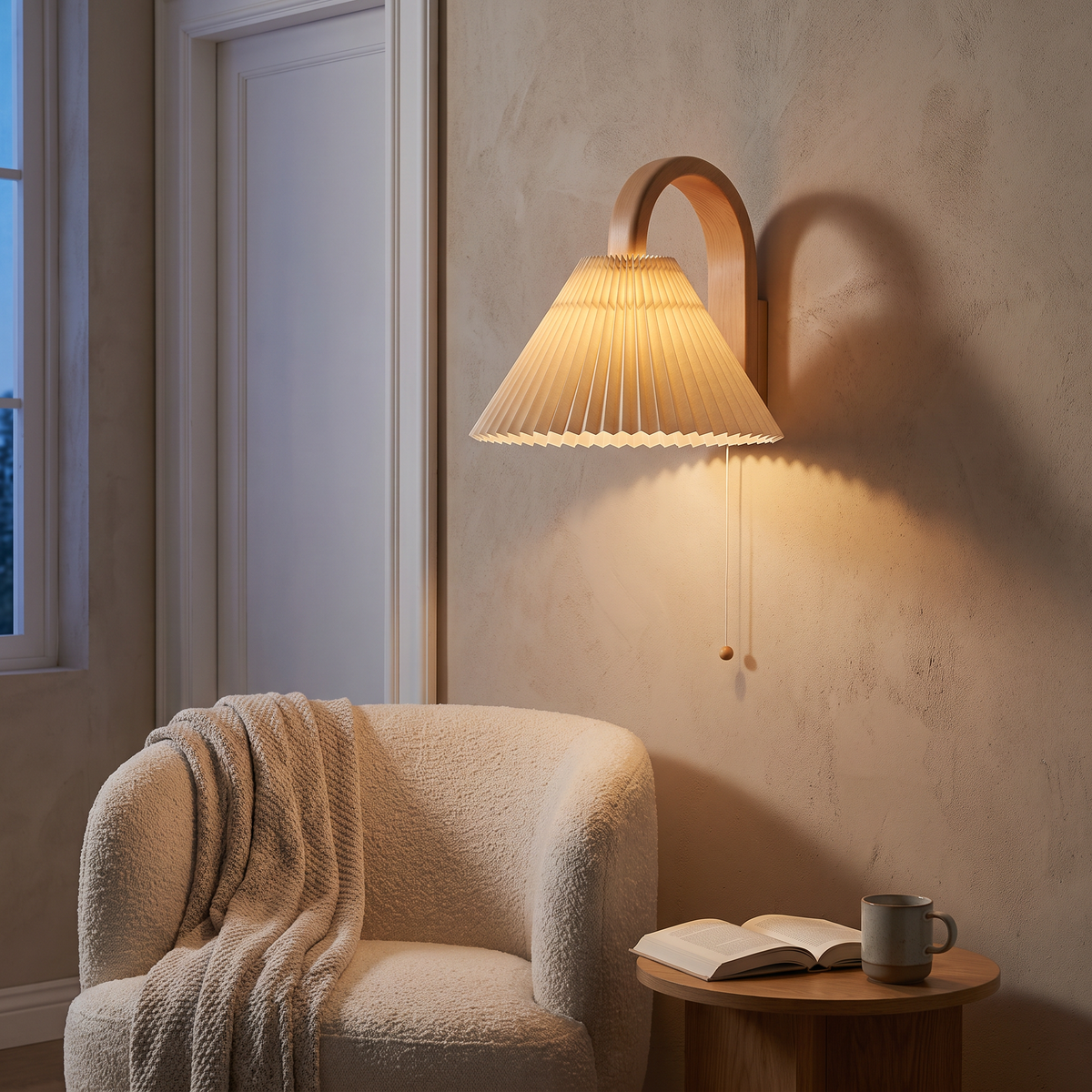 Wood pleated semi-circle wall sconce lit above a boucle armchair in a warm modern living room reading corner