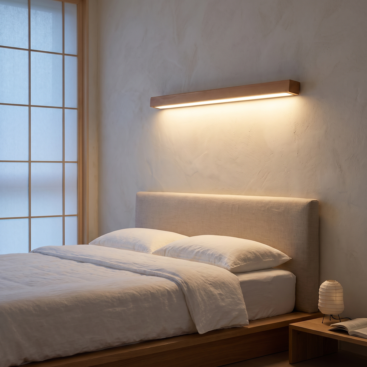 Wood strip LED wall sconce lit above a low oak bed headboard in a Japandi bedroom at dusk