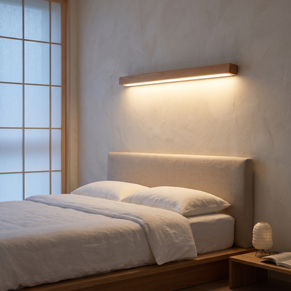 Wood strip LED wall sconce lit above a low oak bed headboard in a Japandi bedroom at dusk