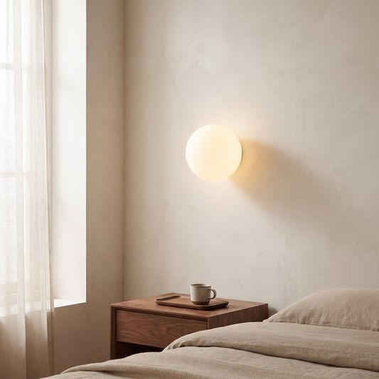 Modern minimalist white opal glass orb wall sconce glowing warm beside a walnut nightstand in a minimalist bedroom