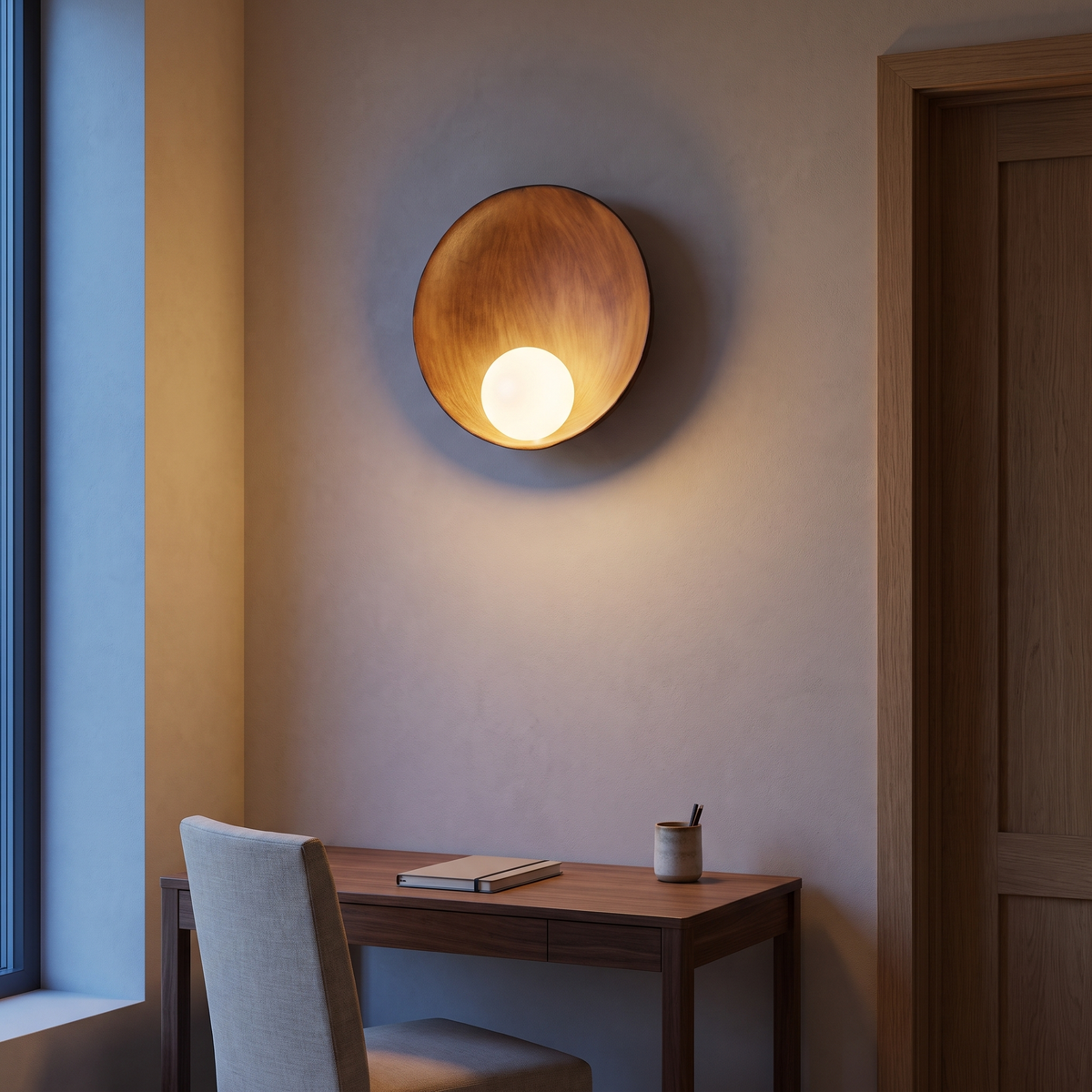 Modern minimalist round wood-grain resin wall sconce lit at dusk above a walnut writing desk in a study, showing mounting height