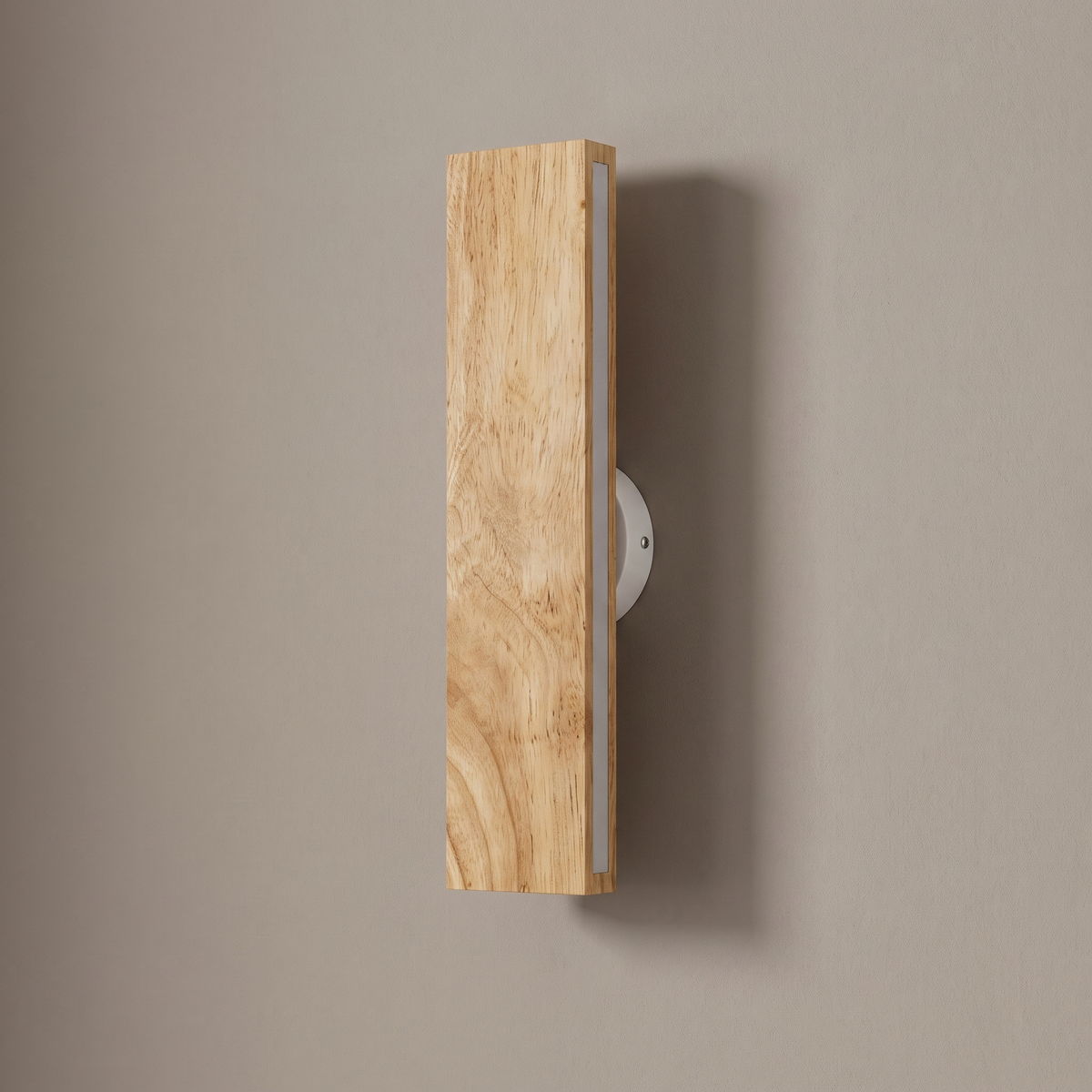 Nordic rotatable solid oak LED bar wall sconce, lamp off, mounted vertically on a plain greige plaster wall showing the round pivot base