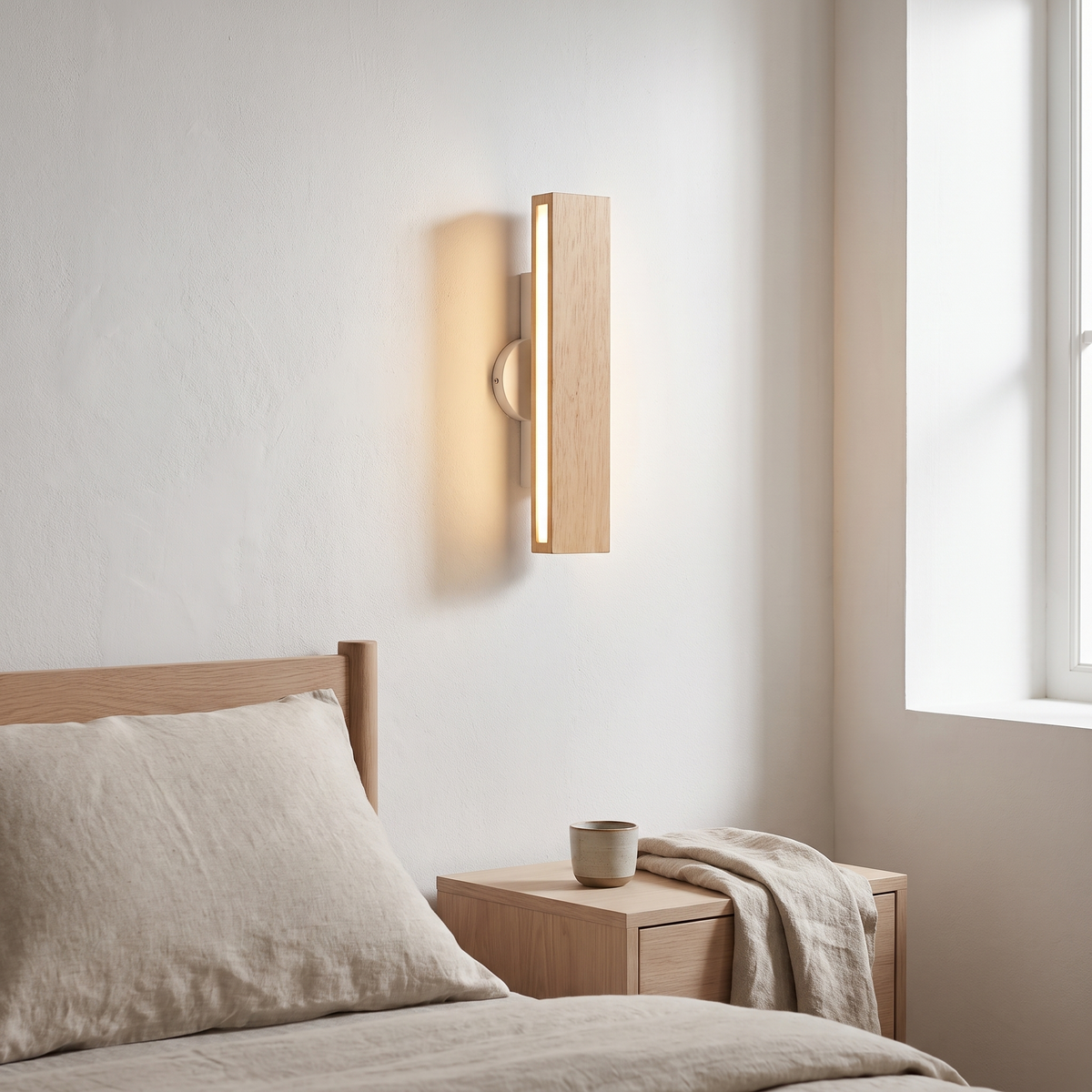 Nordic rotatable solid oak LED bar wall sconce glowing warm on a white plaster wall beside a bed with an oak nightstand