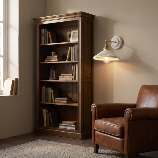 Traditional vintage white ceramic and brass 1-light wall sconce glowing warm above a leather armchair beside an oak bookcase