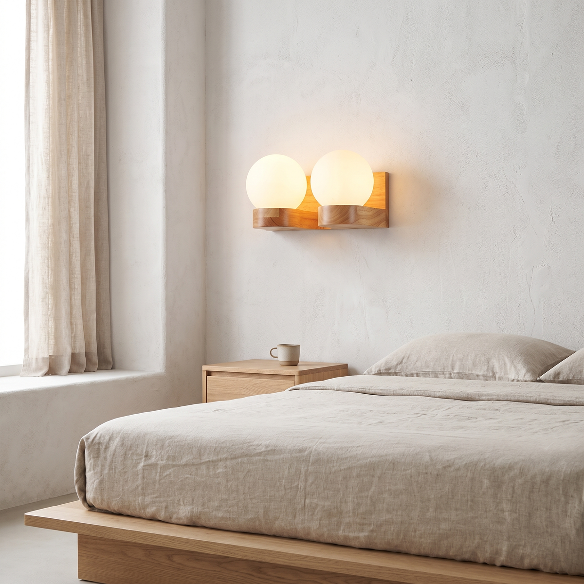 Contemporary Nordic rubberwood 2-light glass globe wall sconce glowing warm above an oak nightstand beside a linen bed