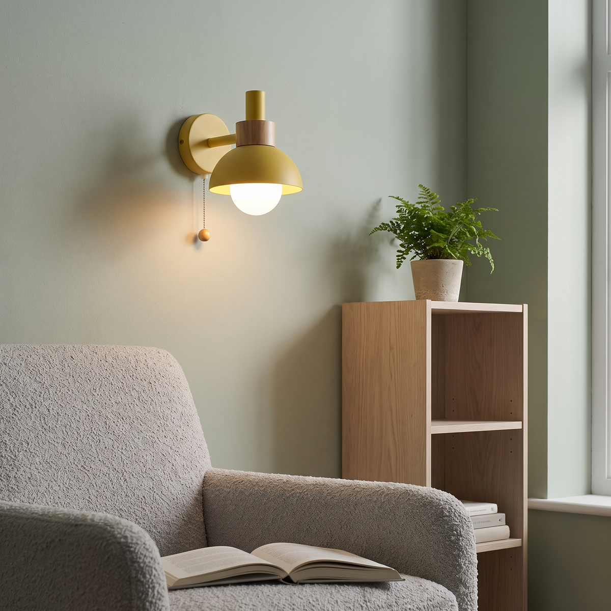 Wheat yellow macaron globe wall sconce lit above a boucle armchair in a Scandinavian reading corner