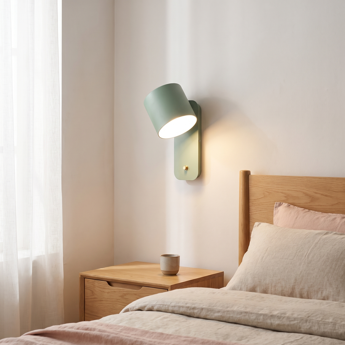 Nordic macaron sage green cylinder rotatable wall sconce glowing warm beside a light oak bed and nightstand
