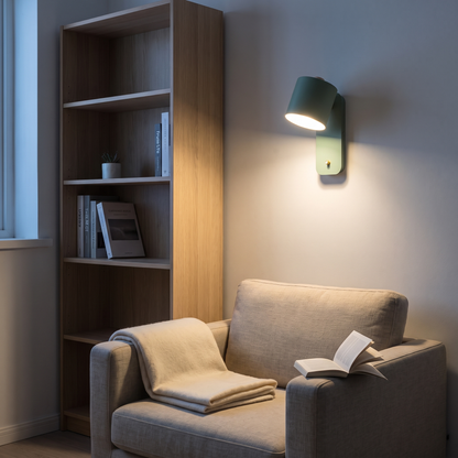 Green cylinder rotatable 1-light wall sconce lit in a Scandinavian reading corner beside an oak bookshelf and linen armchair