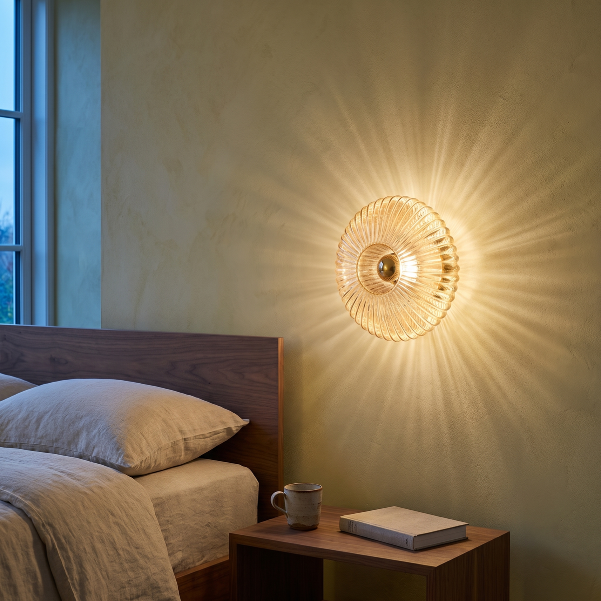 Nordic vintage cognac striped glass round disc wall sconce lit at dusk beside a bed above a walnut nightstand, showing mounting height