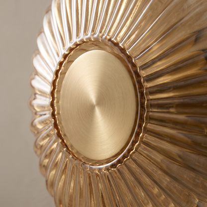 Nordic vintage cognac striped glass round disc wall sconce — close-up of the ribbed amber glass and brass centre cap