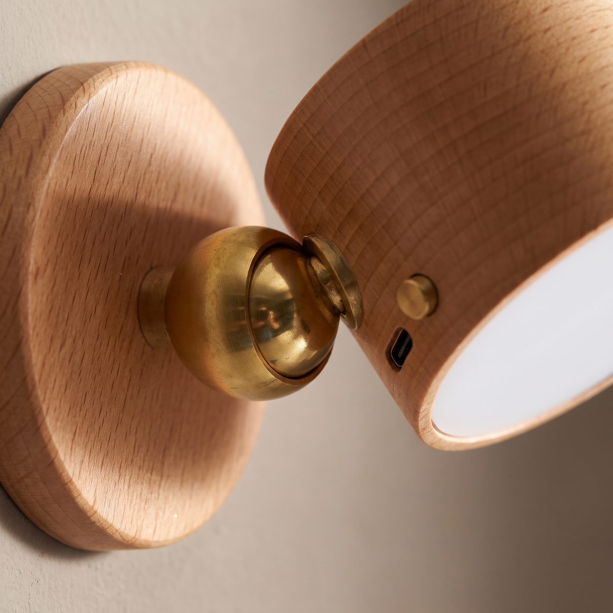 Wooden USB rechargeable magnetic LED night light wall sconce — close-up of the beech grain, brass ball joint and USB-C charging port