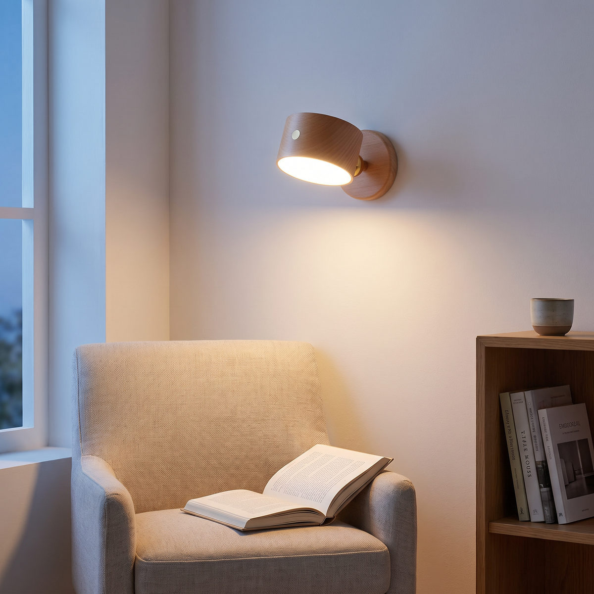 Wooden USB rechargeable magnetic LED night light wall sconce tilted to light a book above a linen armchair in a reading nook at dusk