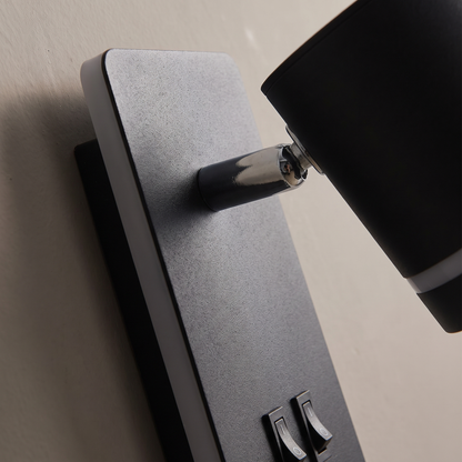 Close-up of the rotatable pivot and matte black iron finish on the Nordic LED reading wall sconce
