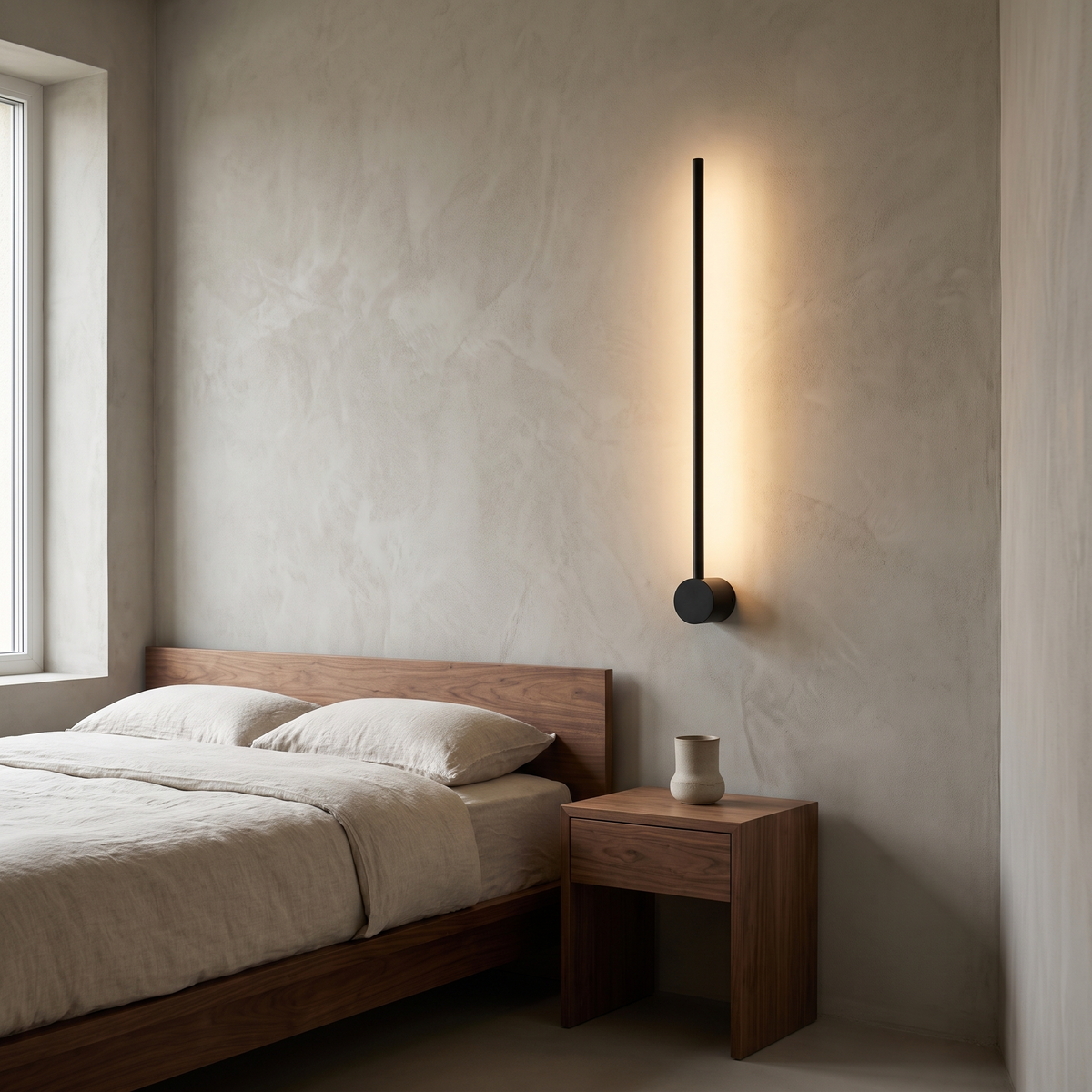 Minimalist black aluminum strip LED wall sconce glowing warm beside a walnut bed in a micro-cement bedroom