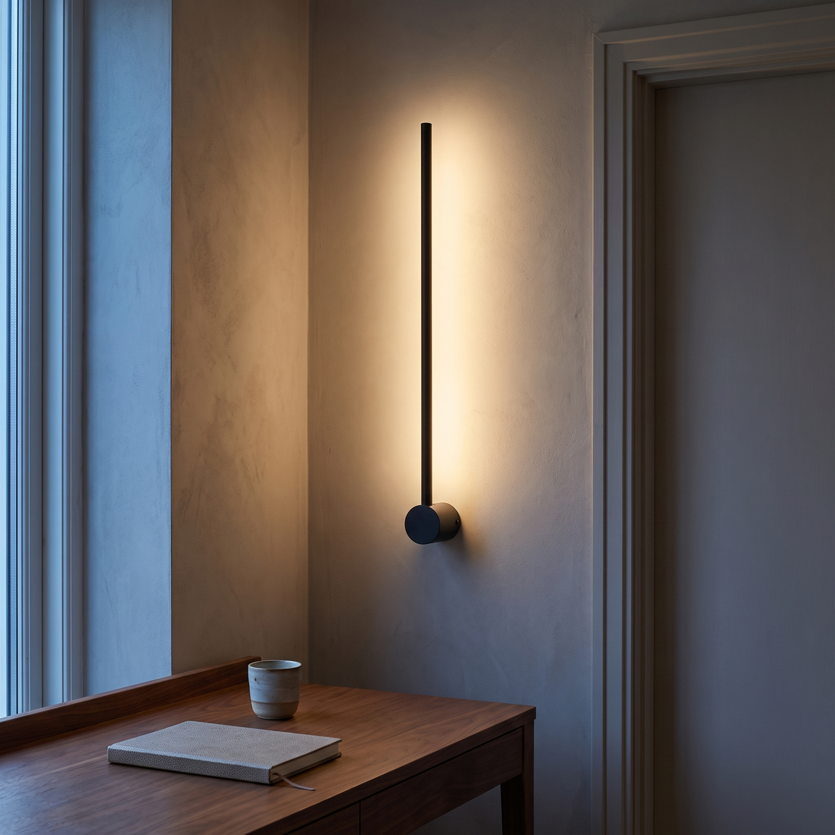 Black strip LED wall sconce lit at dusk beside a walnut desk and door frame in a minimalist study