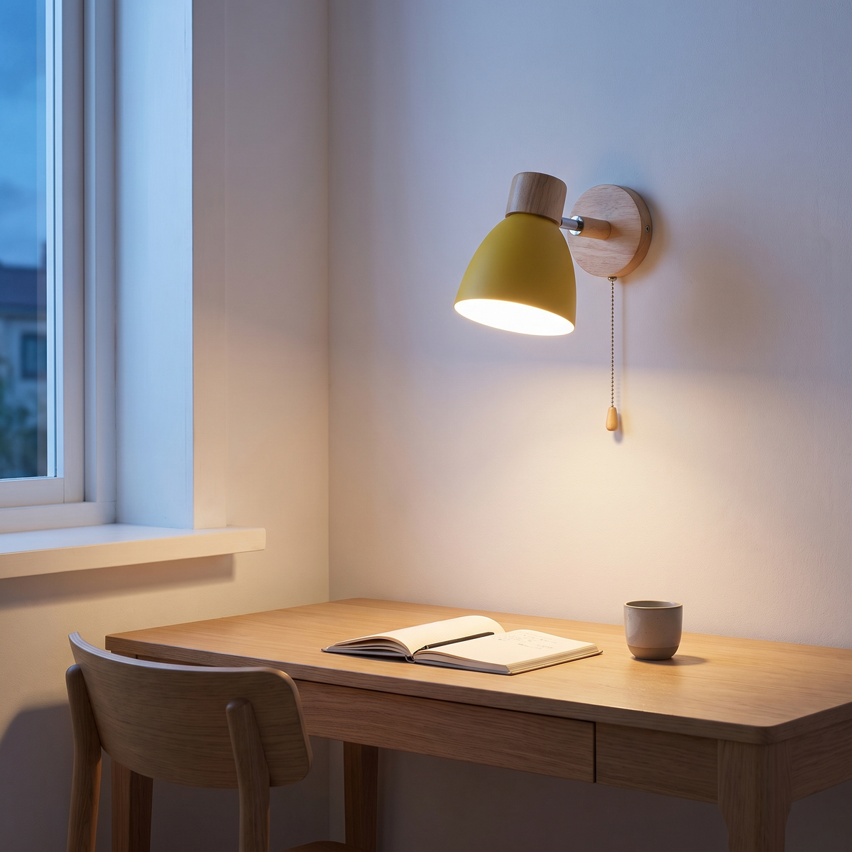 Macaron yellow iron wood wall sconce lit above an oak desk in a pastel Scandinavian study at dusk