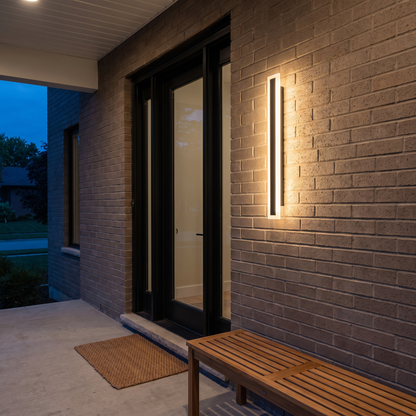 Elongated bar black LED outdoor wall light lit on a brick porch wall beside a glass entry door with teak bench, showing mounting height