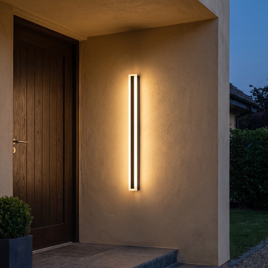 Minimalist elongated bar black acrylic LED outdoor wall light glowing warm on a stucco entry wall beside a front door at dusk
