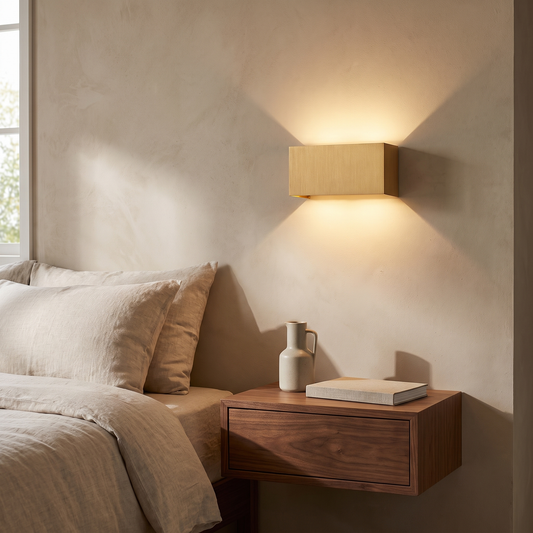 Modern minimalist gold aluminum square flat LED wall sconce glowing up and down above a walnut nightstand beside a linen bed
