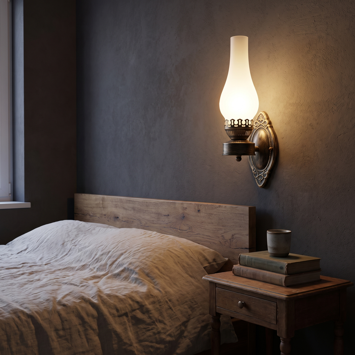 Retro kerosene bronze wall sconce lit beside a reclaimed oak headboard and vintage nightstand in a rustic industrial bedroom