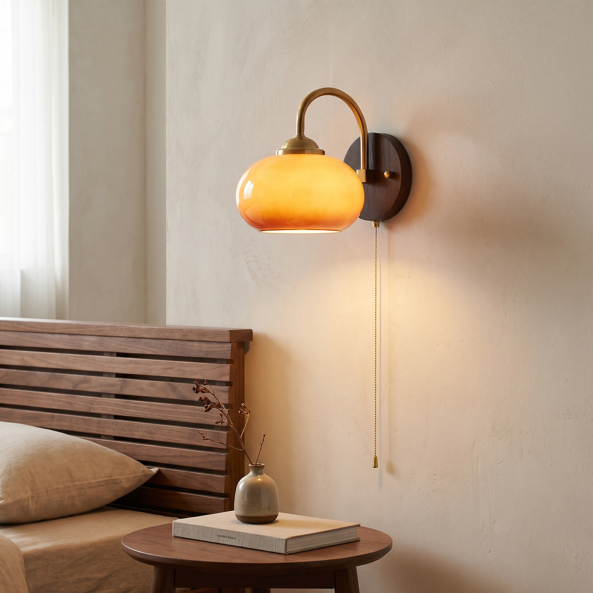 Mid-century caramel glass and ash wood 1-light wall sconce with brass arm glowing warm above a walnut nightstand beside a bed