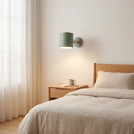 Nordic macaron sage green cylinder rotatable wall sconce with beech wood arm glowing warm above an oak nightstand beside a bed