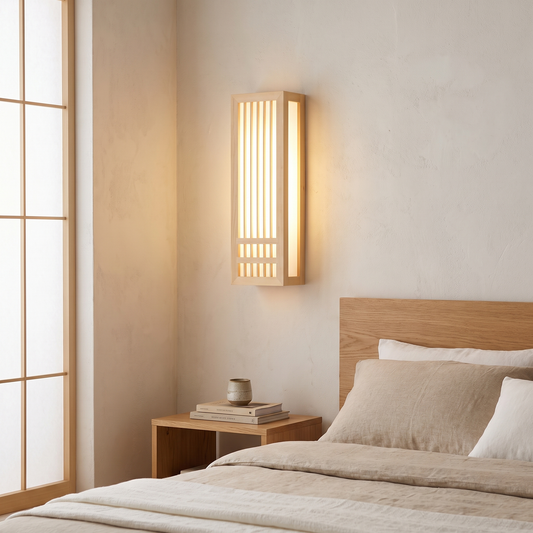 Japanese minimalist solid wood and acrylic rectangular LED wall sconce glowing warm beside an oak bed in a Japandi bedroom