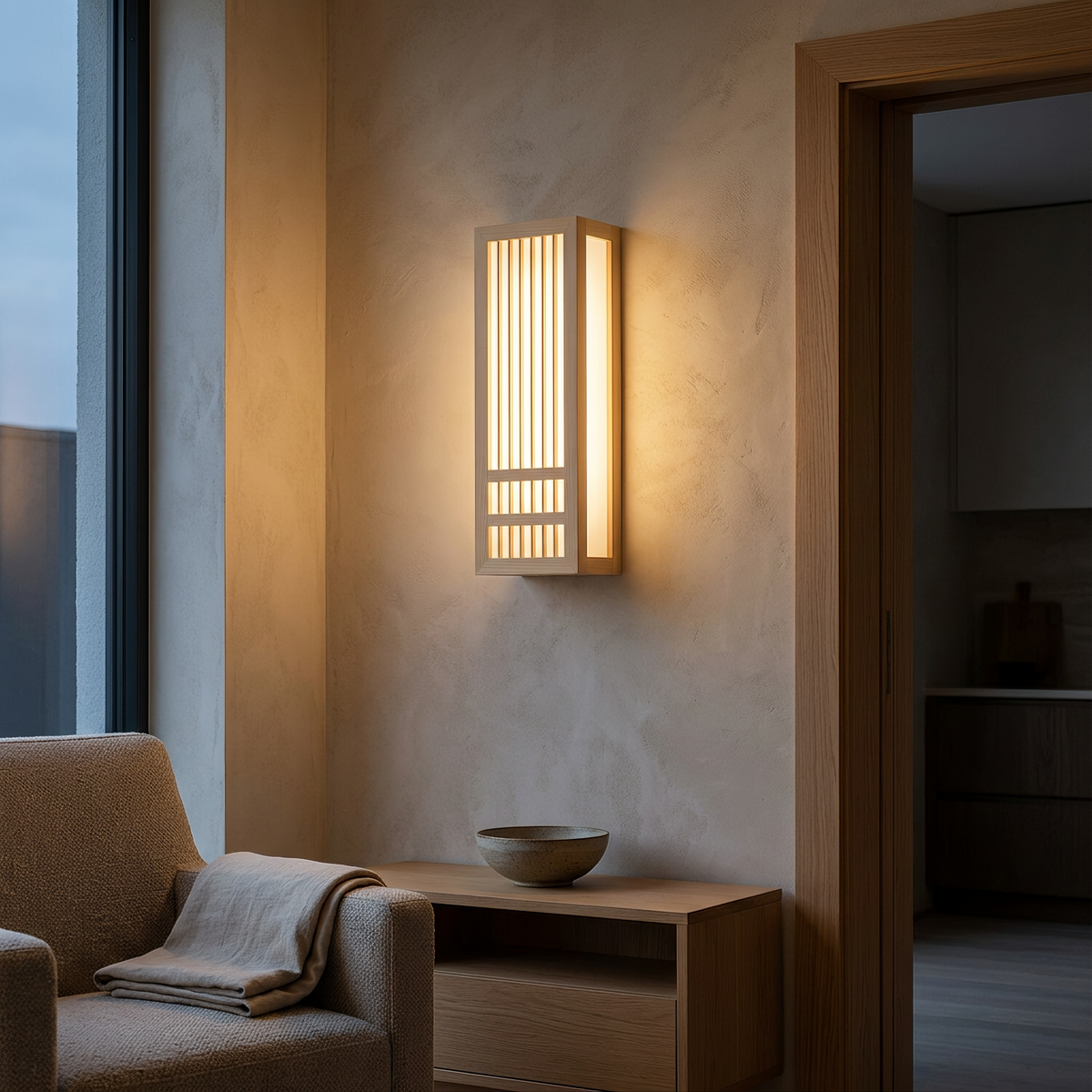 Wood and acrylic rectangular LED wall lamp lit at dusk beside a doorway above an oak console in a living room