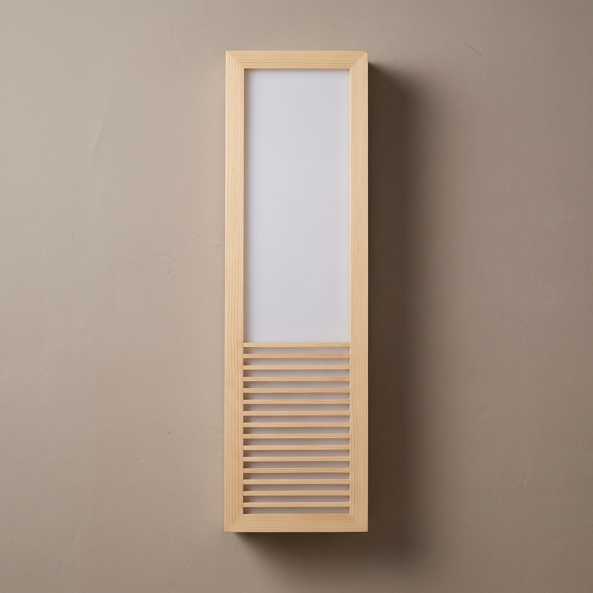 Solid wood and frosted acrylic rectangular wall sconce with slatted grille, lamp off on a warm greige plaster wall