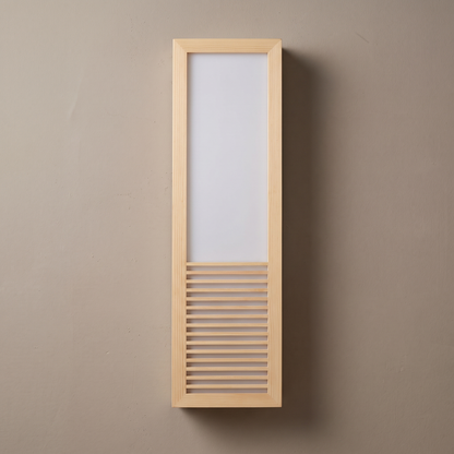 Solid wood and frosted acrylic rectangular wall sconce with slatted grille, lamp off on a warm greige plaster wall