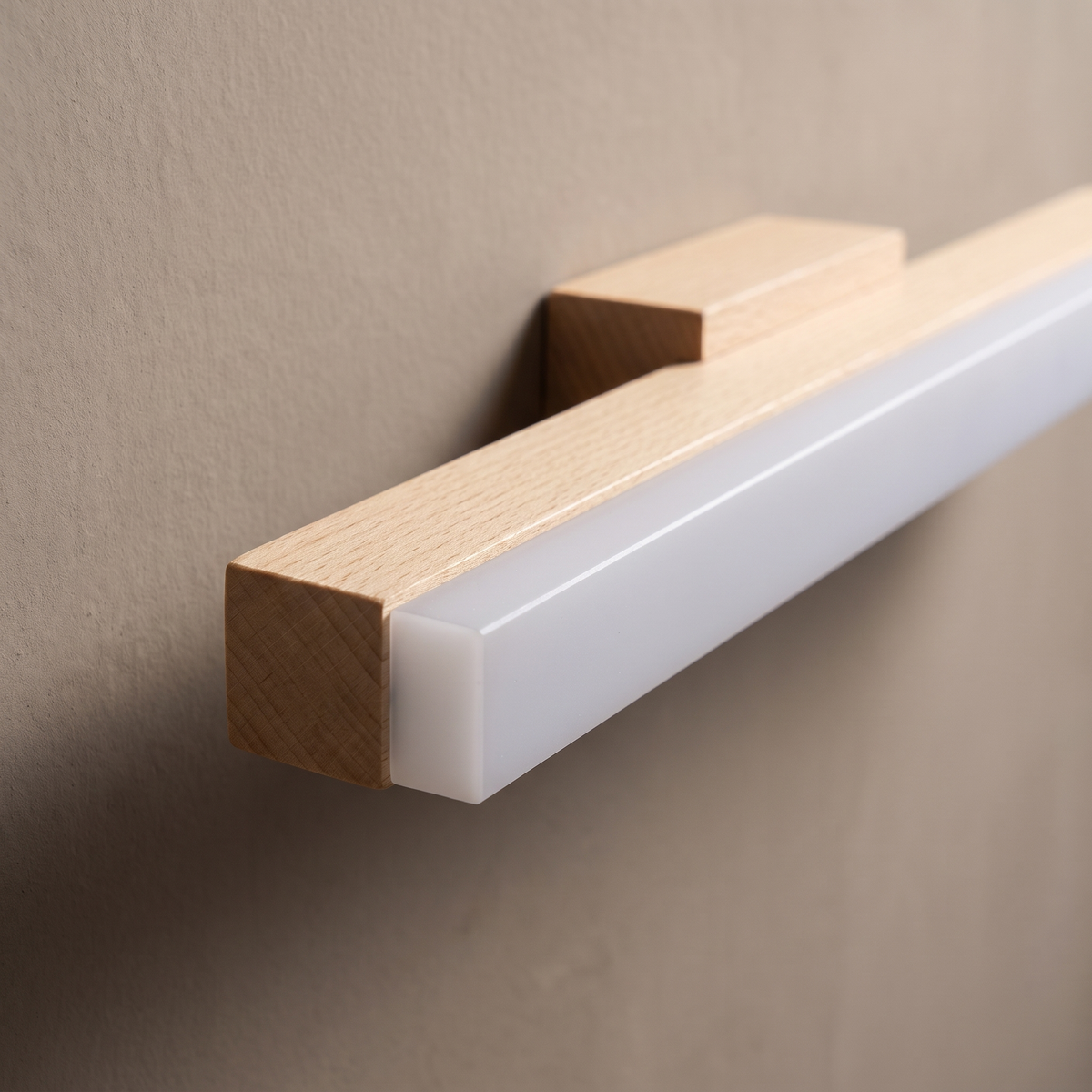 Close-up of the pale wood grain, acrylic diffuser edge and wooden mounting block of the strip vanity light